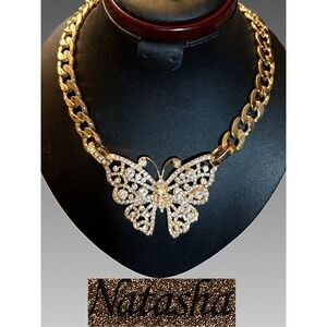 Natasha Gold-Tone Crystal Butterfly Pendant Curb Link Chain Statement Necklace